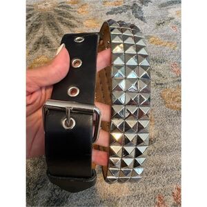 Y2K Black 3-Row Silver Pyramid Stud Belt Size Large